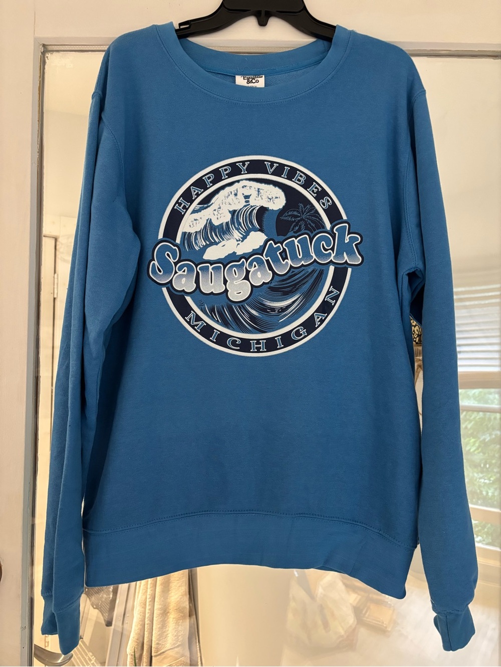 Saugatuck Happy Vibes Blue Crewneck Sweatshirt by Pacific & Co.